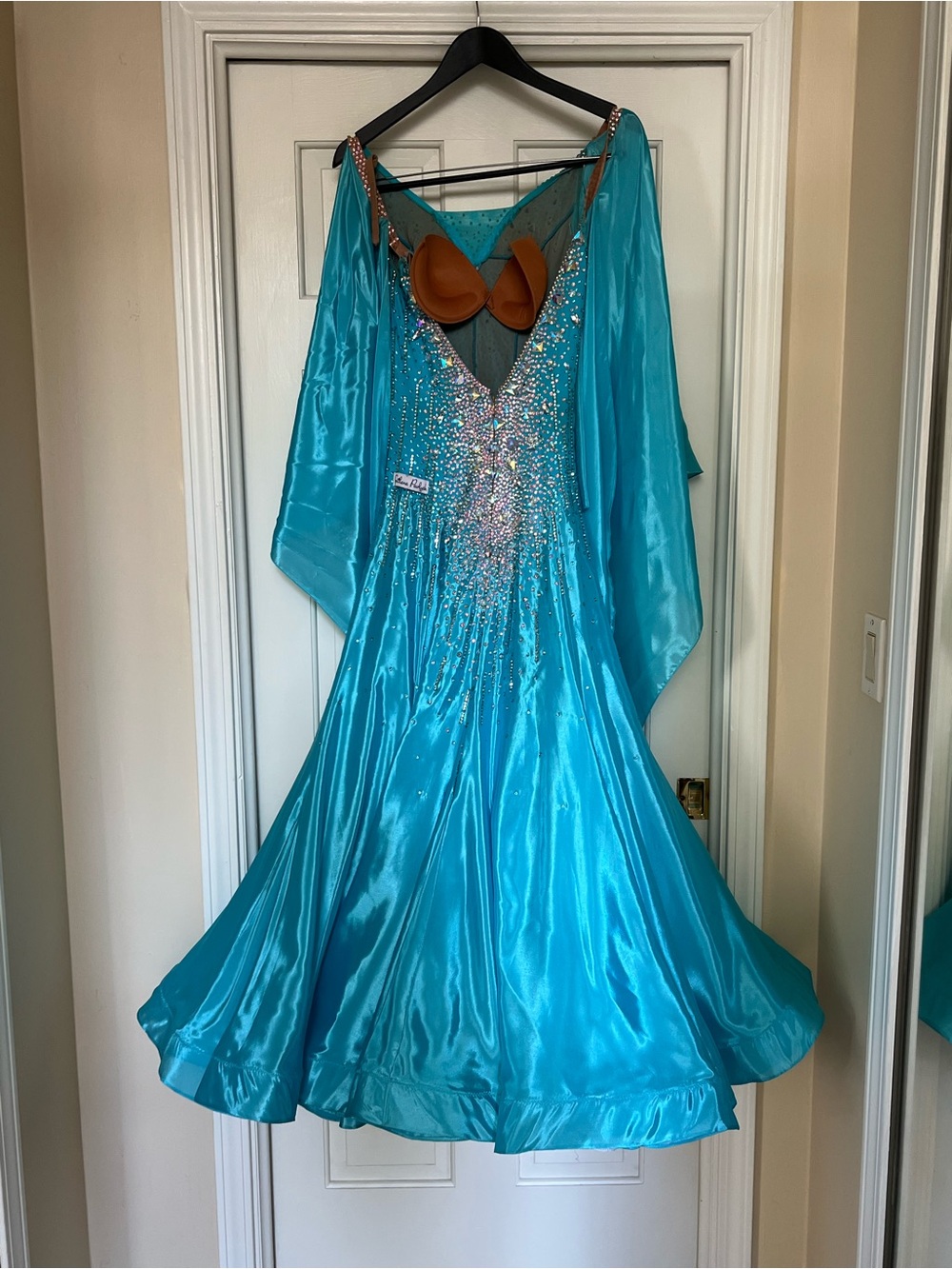 Turquoise Beaded Flowing Ballroom Standard Dress with attachable Wings